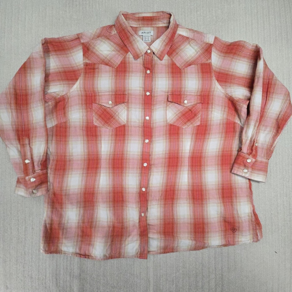 Ariat‎ Pearl Snap Shirt Womens 2X Red Plaid Western Button Long Sleeve Top